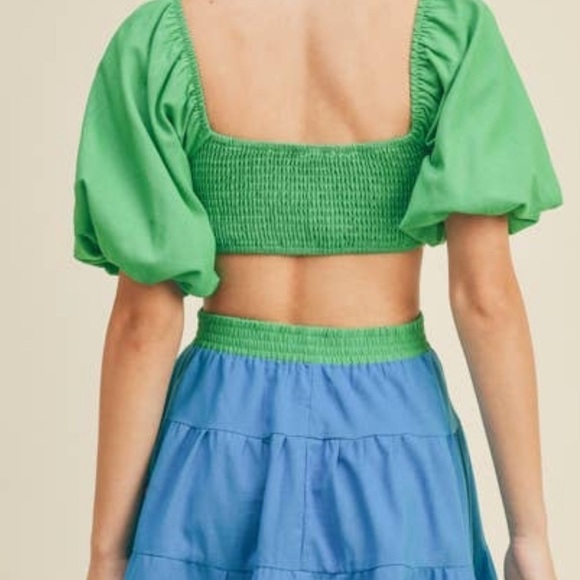 Lush Color block Blue and Green Cut Out Mini Tiered Dress NWT - Picture 3 of 5